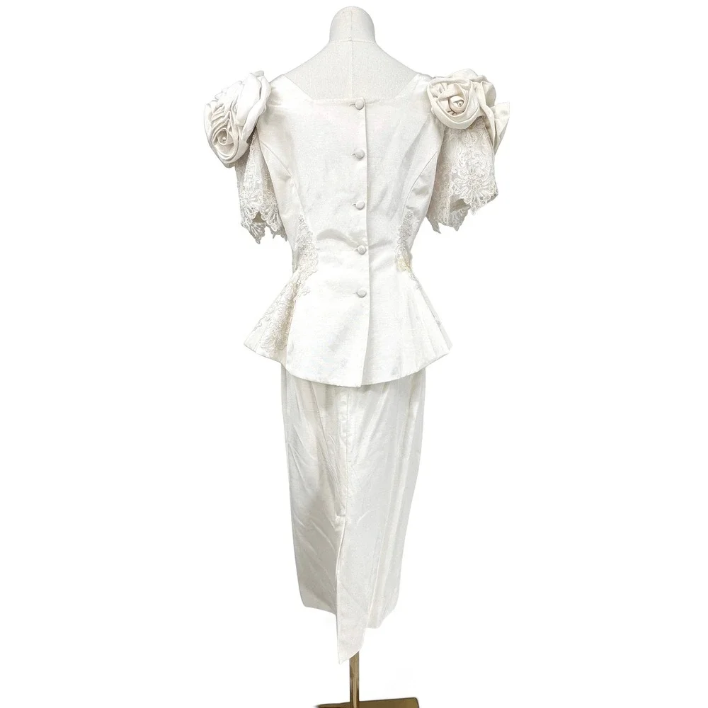 Vintage 80s Ivory Wedding Bridal Suit Set M Rosette Shoulder Lace Beaded‎